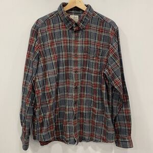 LL BEAN Men’s L Scotch Plaid 100% Cotton Gray Red Flannel Shirt Traditional Fit
